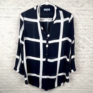 CYNTHIA ROWLEY Nautical Sheer Blouse Popover Navy Blue Window Pane Print Medium